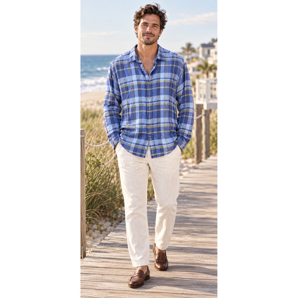 UNTUCKit Mens XXXL LINEN Shirt Tribuno-WR Blue Plaid Long Sleeve Coastal Preppy